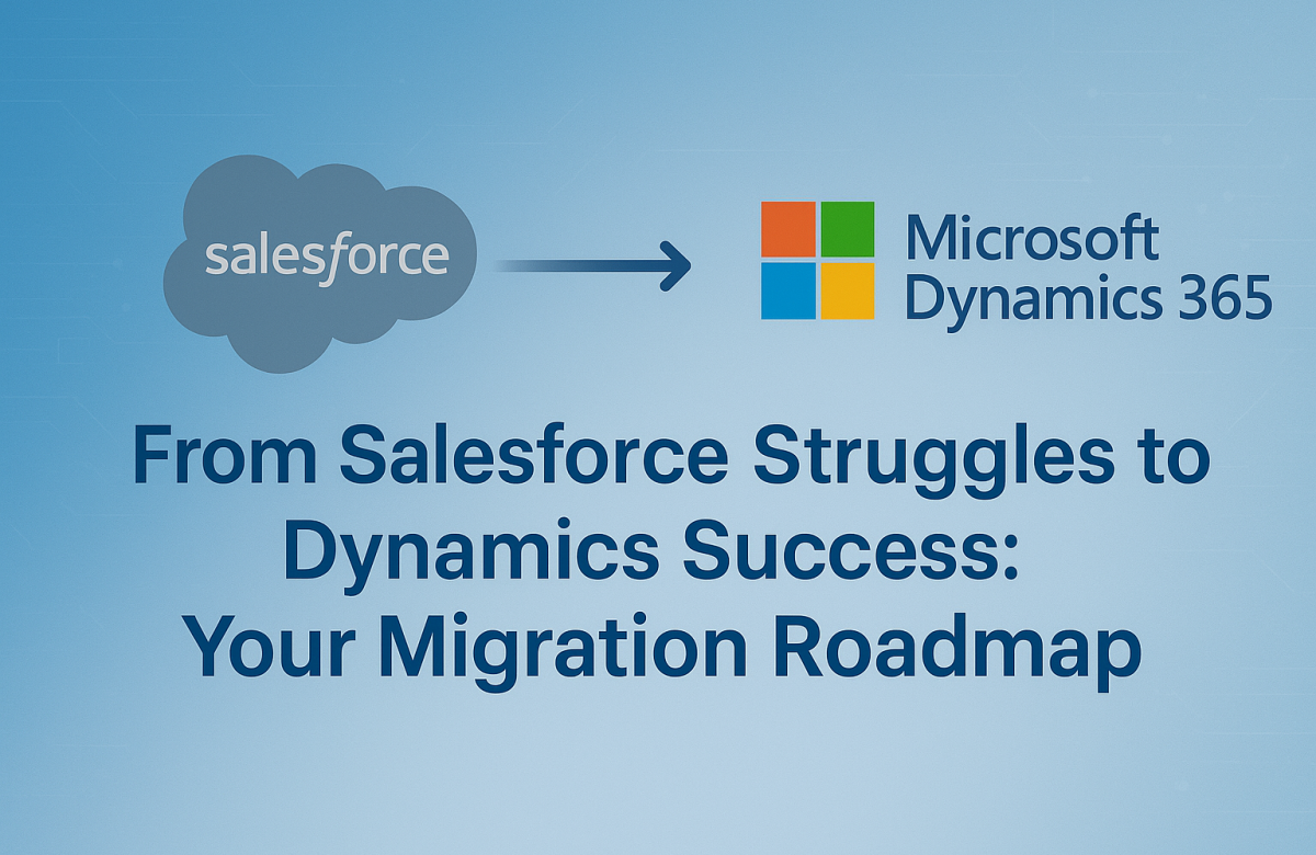 Business transformation banner showing Salesforce logo in muted gray on the left, an arrow pointing to the Microsoft Dynamics 365 logo in vibrant colors on the right, with the text 'From Salesforce Struggles to Dynamics Success: Your Migration Roadmap' on a blue-to-white gradient background with subtle digital patterns