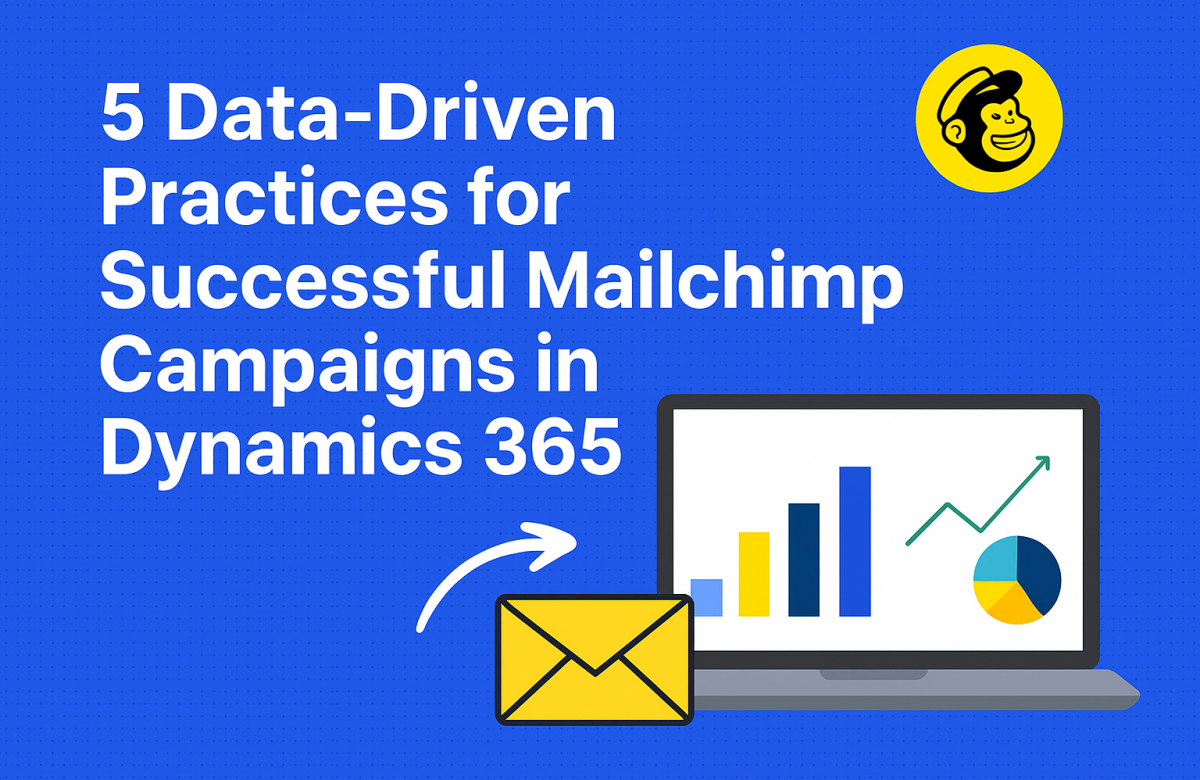 Illustration of Mailchimp and Dynamics 365 integration with laptop showing charts, email icon, and title text on blue background.