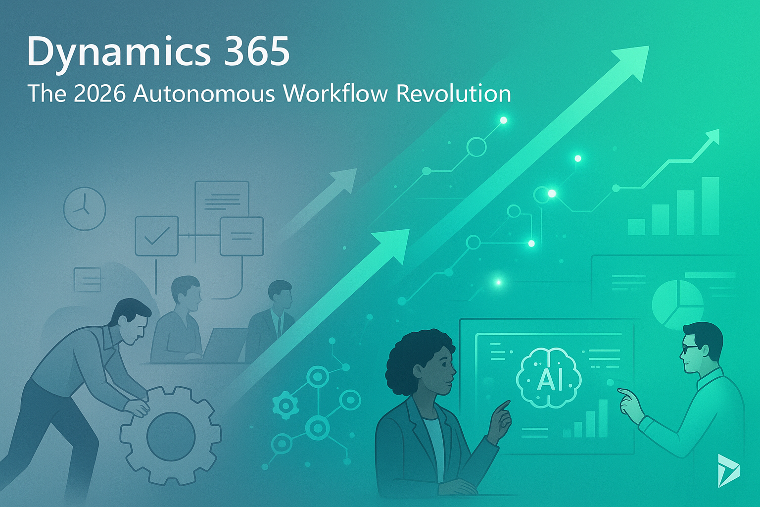 Banner showing shift from manual workflows to AI-powered Dynamics 365 automation with arrows, data flows, and diverse teams.