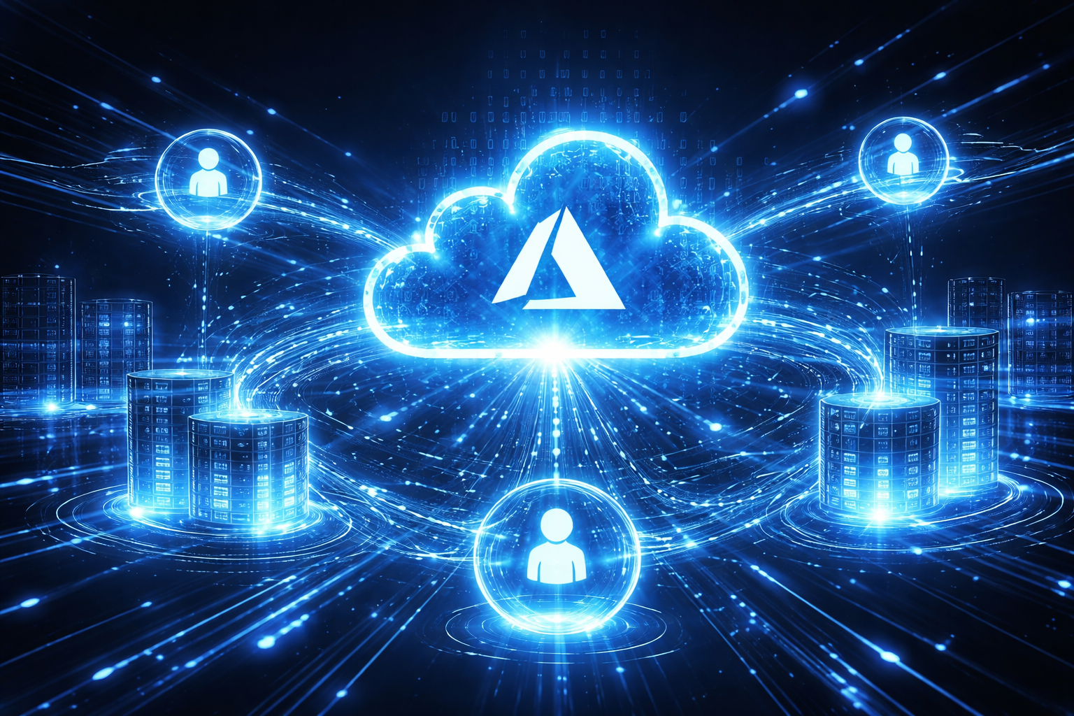 Futuristic Azure cloud with glowing AI nodes and data streams connecting holographic servers in a dark blue tech background.