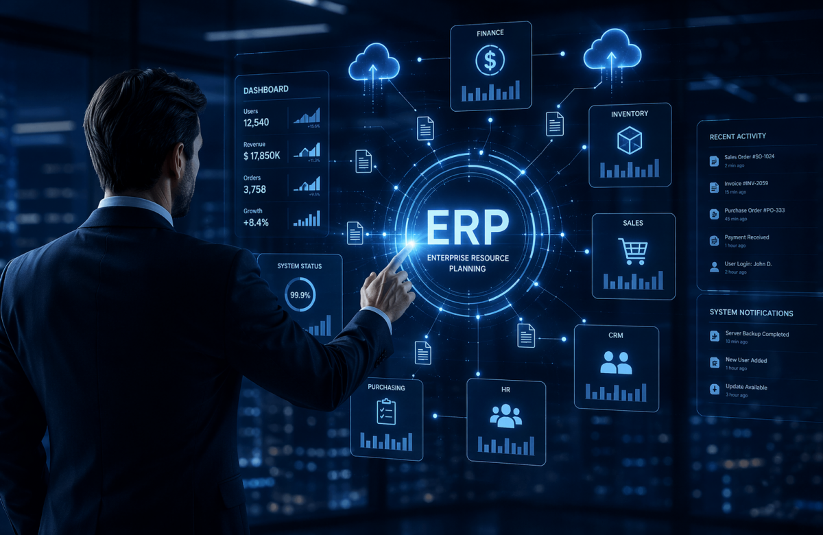 Businessman using holographic ERP dashboard with glowing blue icons, data links, and cloud systems in a futuristic office.