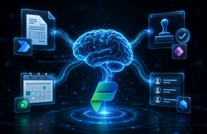 Glowing blue AI brain linked to automation icons via neon data streams on a dark background, representing Microsoft Power Platform workflows.