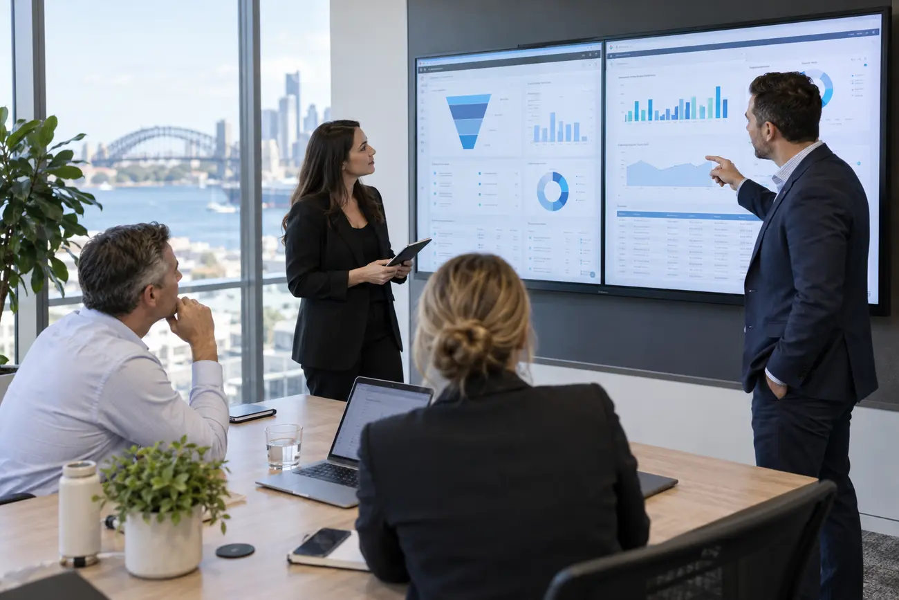 Business team reviewing digital operations dashboards